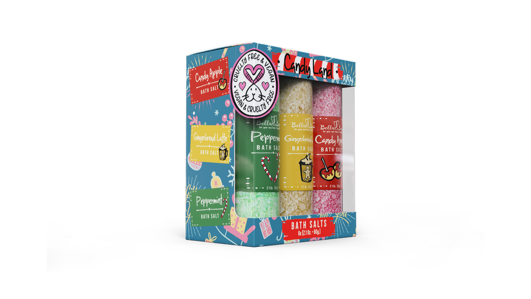 Candy Land Christmas bath salts gift set, three 2.1-ounce vegan tubes in peppermint, gingerbread, and candy apple scents.