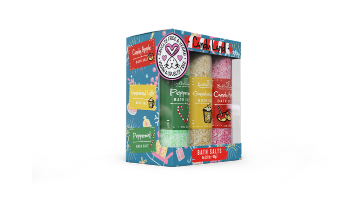Candy Land Christmas bath salts gift set, three 2.1-ounce vegan tubes in peppermint, gingerbread, and candy apple scents.