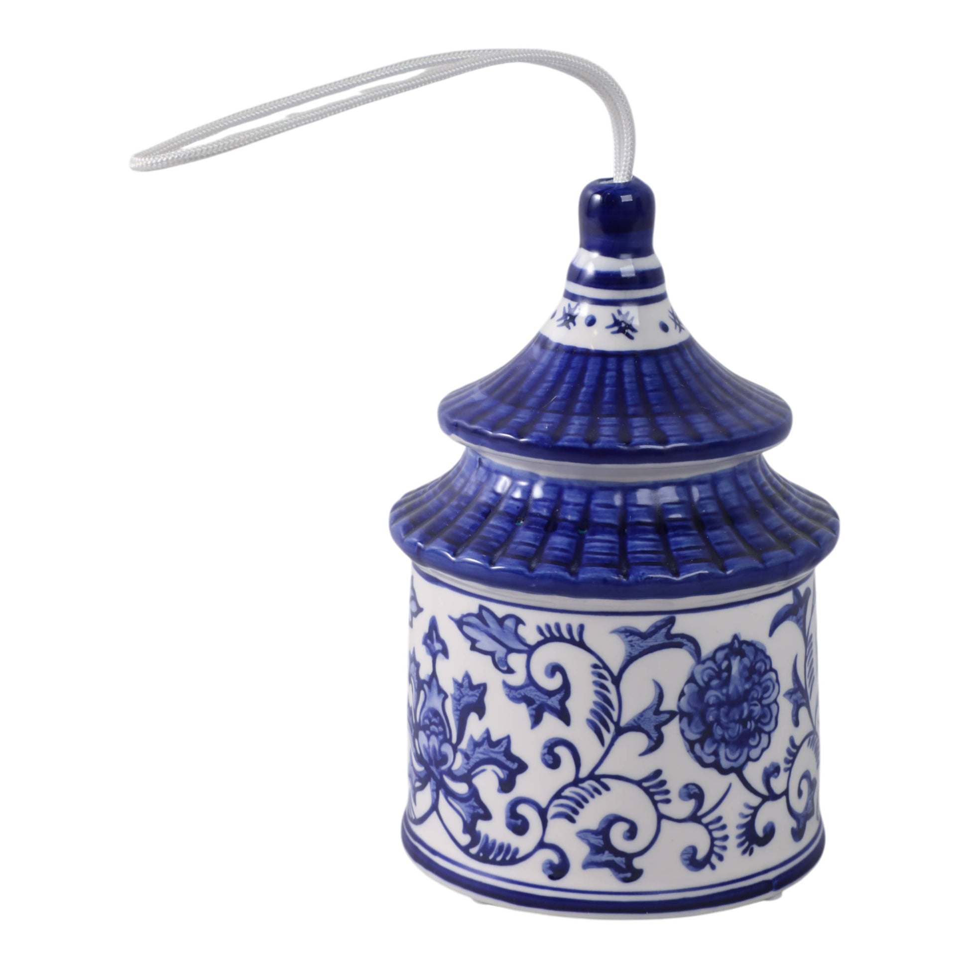 White/blue 8x5 in. ceramic Chinoiserie pagoda bird house with floral patterns and hanging loop.