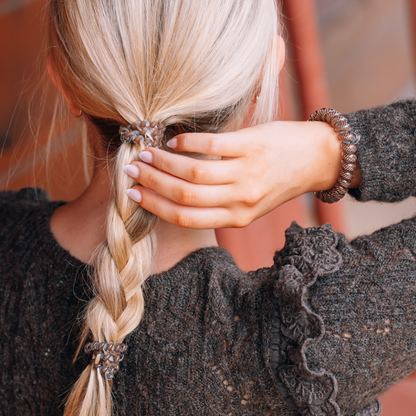 Morning Brew Small Hair Tie securing a ponytail; available in small size.