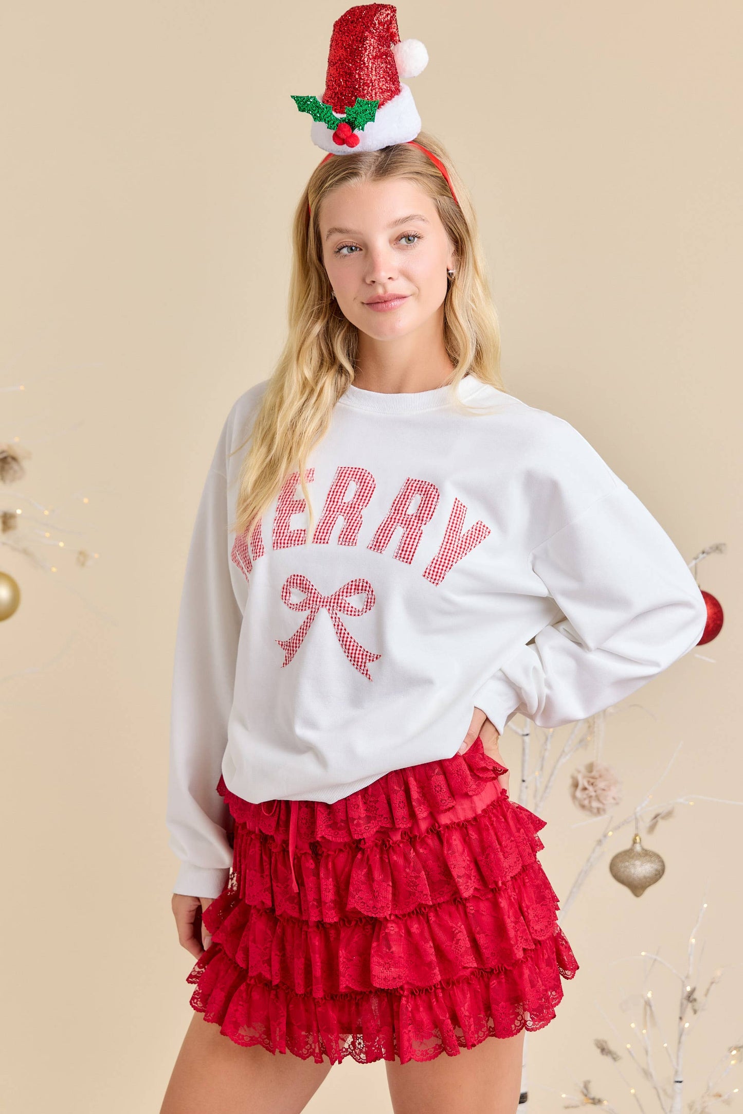 Merry Patchwork Sweatshirt with Ribbon Bow Detail