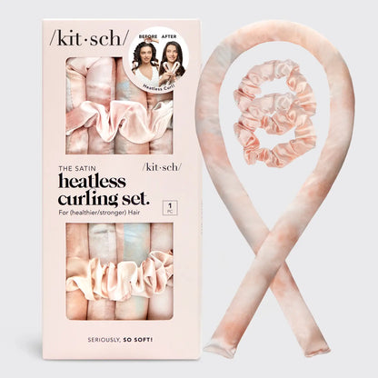 Satin Heatless Curling Set - Sunset Tie Dye with large soft rod and 2 scrunchies. Sizes: Standard, Long. Packaging shows "Seriously, so soft!.
