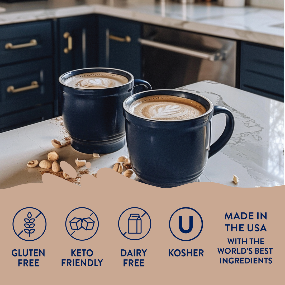Sugar Free Hazelnut Syrup latte in dark blue mugs. Gluten free, keto, dairy free, kosher. Available in 375ml and 750ml sizes.