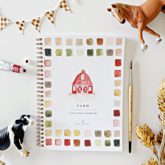 The Farm Watercolor Workbook is a spiral-bound coloring book with a red barn cover. Sizes available: standard.