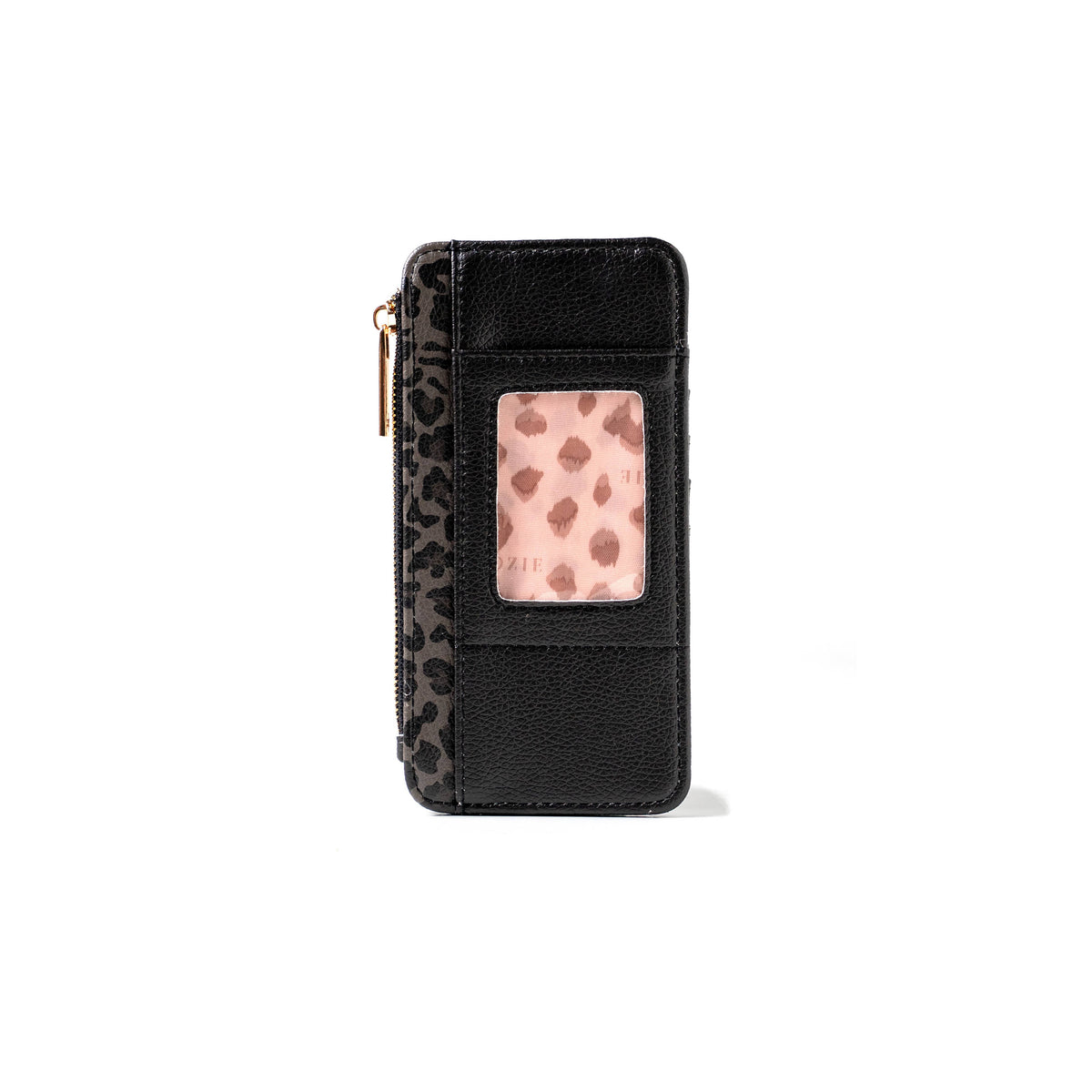 Black vegan leather zippered wallet with a transparent ID slot and subtle leopard print accent on the left side. Available in one size.