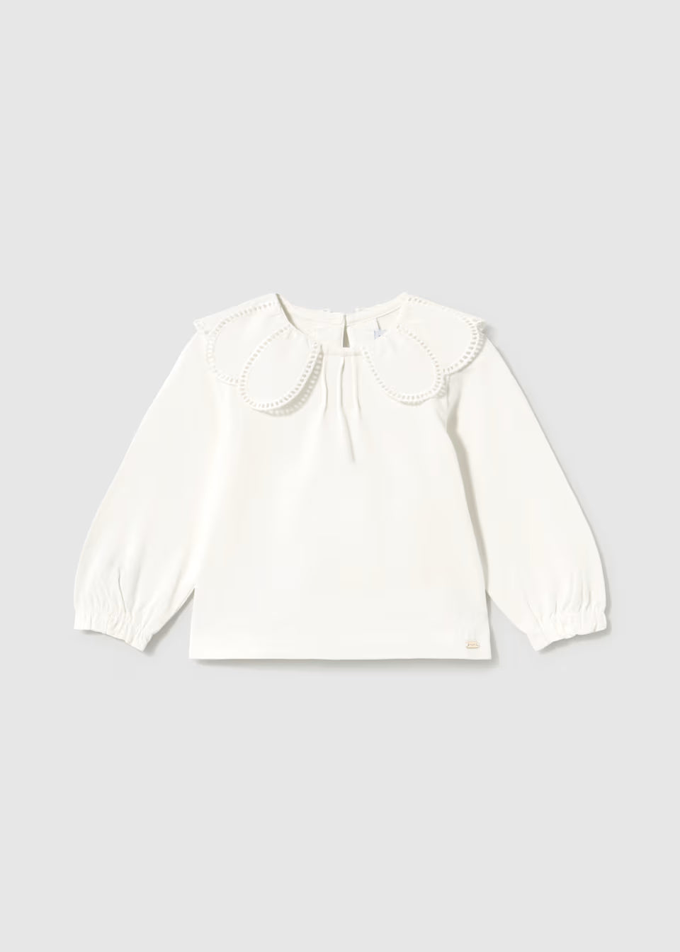 White long-sleeve blouse with balloon sleeves and a large scalloped collar with subtle lace trim. Available in sizes 2T-6T.