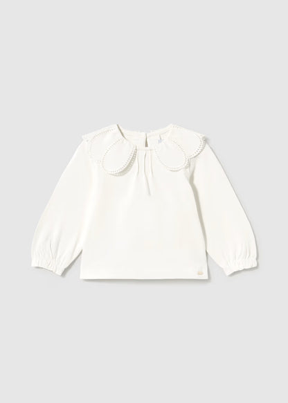 White long-sleeve blouse with balloon sleeves and a large scalloped collar with subtle lace trim. Available in sizes 2T-6T.