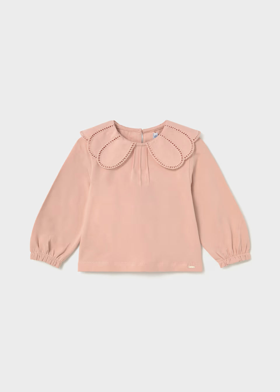 Light pink long-sleeve shirt with wide petal collar, decorative eyelet trim cutouts, elastic balloon sleeves, and relaxed fit. Available in sizes 2T-6.