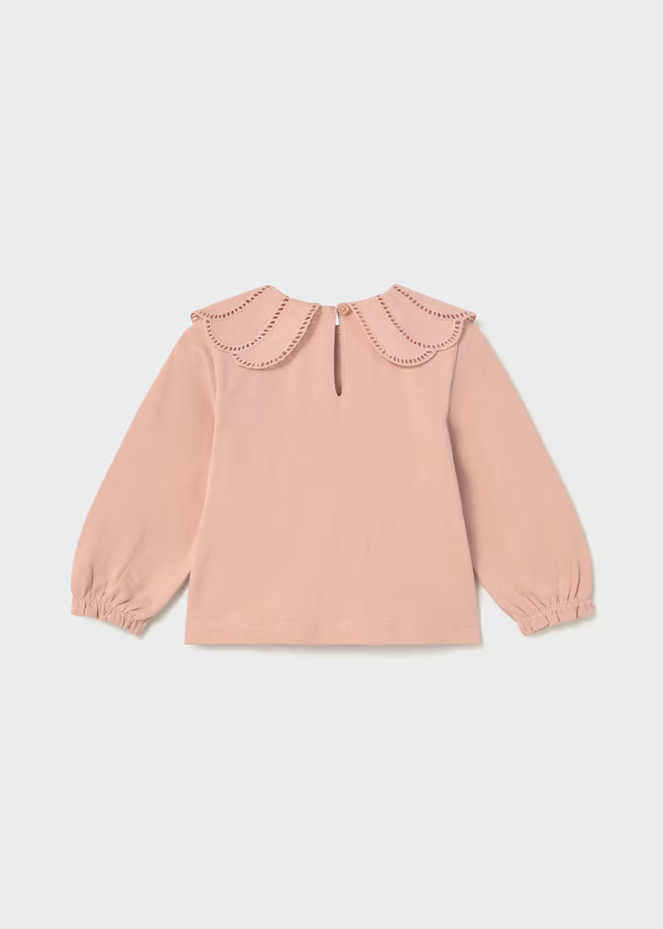 Light pink long-sleeve blouse with double-layered scalloped petal collar, elastic cuffs, and buttoned keyhole back. Available in sizes 2T-6T.