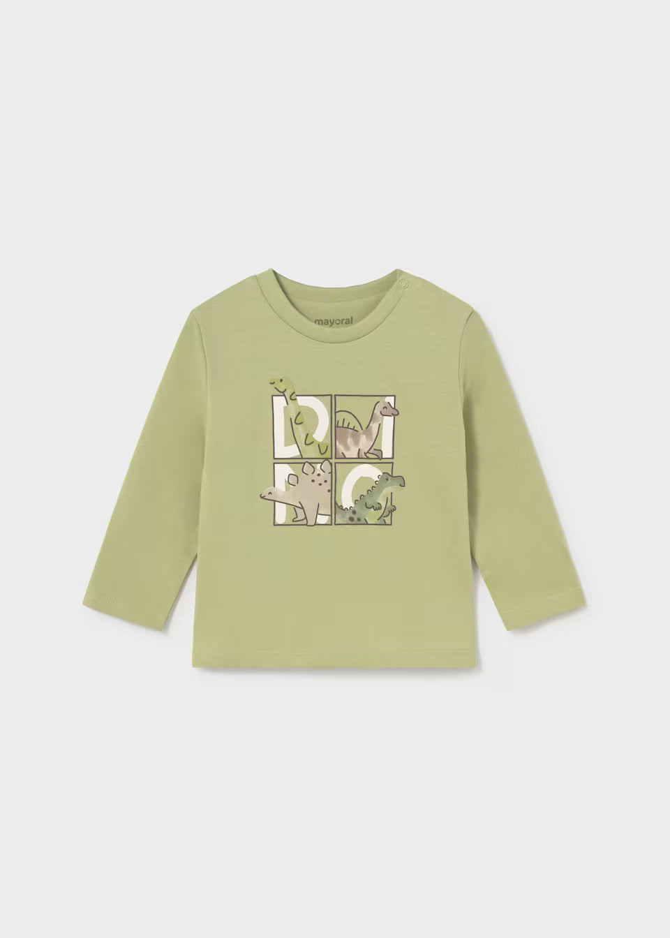 Light green toddler long sleeve t-shirt with puzzle piece and dinosaur designs on the chest, featuring four dinosaurs in green and beige. Made from 100% cotton. Available in toddler sizes.