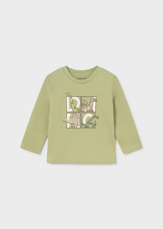 Light green toddler long sleeve t-shirt with puzzle piece and dinosaur designs on the chest, featuring four dinosaurs in green and beige. Made from 100% cotton. Available in toddler sizes.