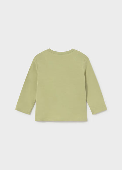Light green Little Boy Dino Long Sleeve T-Shirt with a subtle dinosaur design, made from 100% cotton. Available in sizes 2T–6T.