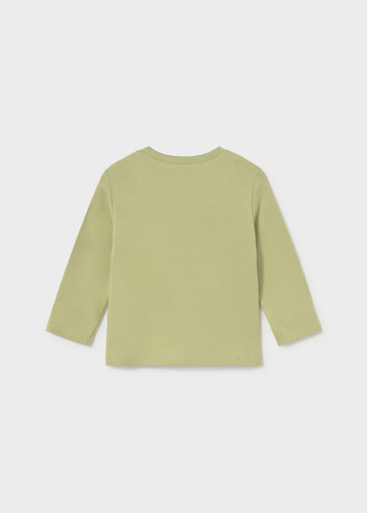 Light green Little Boy Dino Long Sleeve T-Shirt with a subtle dinosaur design, made from 100% cotton. Available in sizes 2T–6T.