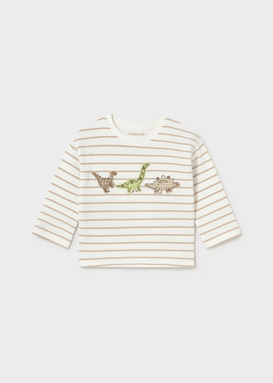 Little Boy Dino Stripe Long Sleeve Shirt in 100% cotton with thin brown stripes on white and three embroidered dinosaurs (brown, green, beige) across the chest. Available in sizes 2T-5T.