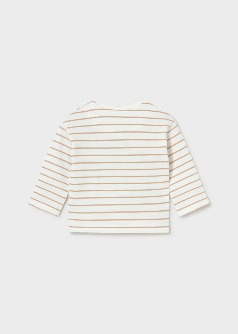 The Little Boy Dino Stripe Long Sleeve Shirt features thin beige stripes on a cream 100% cotton fabric. Available in sizes 2T-6T.