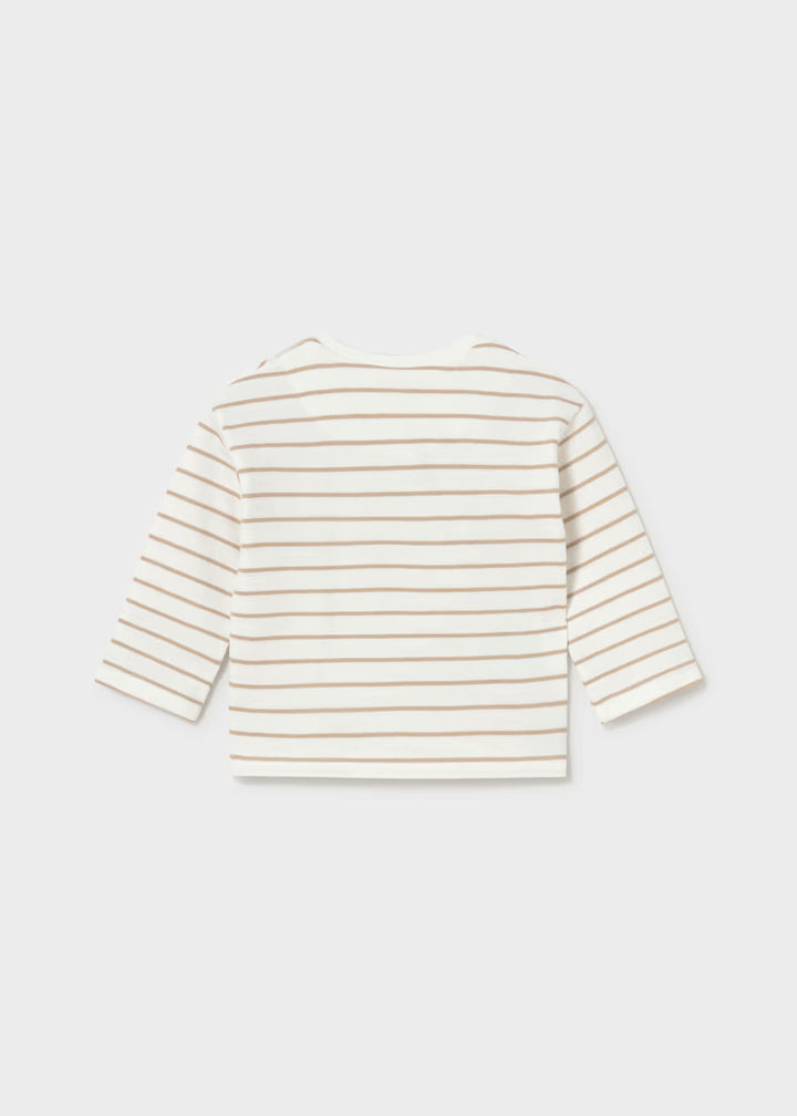 The Little Boy Dino Stripe Long Sleeve Shirt features thin beige stripes on a cream 100% cotton fabric. Available in sizes 2T-6T.