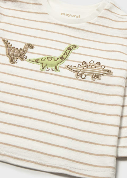 White and beige striped 100% cotton long sleeve children’s shirt with three embroidered dinosaurs (brown, green, gray) on the chest; available in sizes 2T–5T.