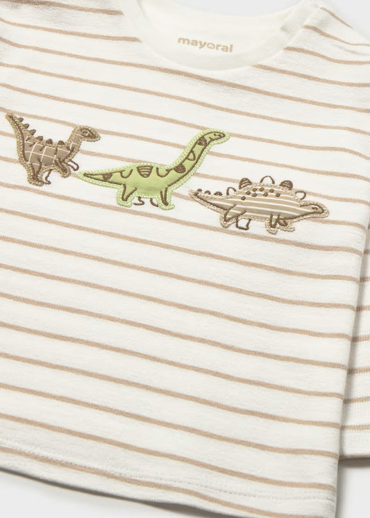 White and beige striped 100% cotton long sleeve children’s shirt with three embroidered dinosaurs (brown, green, gray) on the chest; available in sizes 2T–5T.