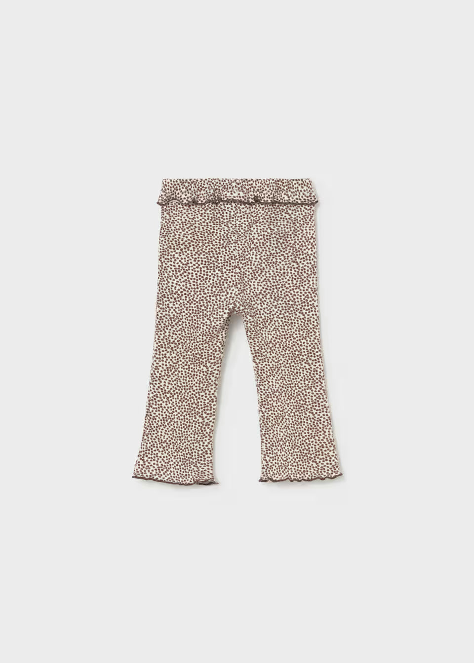 Chocolate dotted ribbed flare leggings for little girls with flared legs and ruffled elastic waistband, available in child sizes.