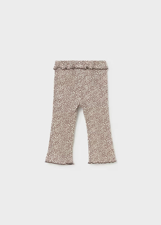 Chocolate dotted ribbed flare leggings for little girls with flared legs and ruffled elastic waistband, available in child sizes.