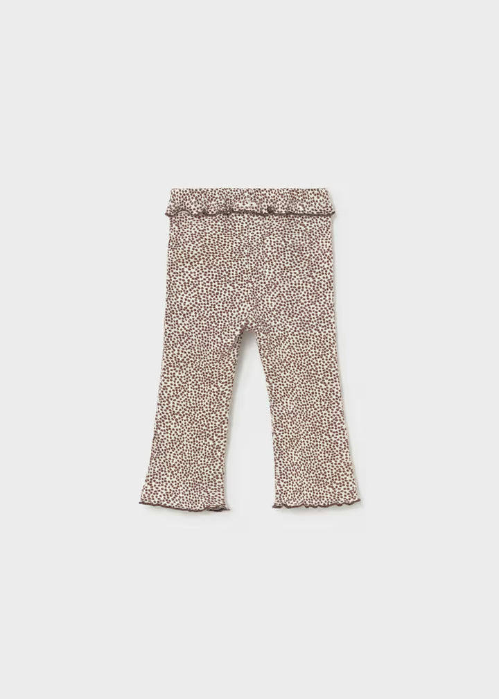 Chocolate dotted ribbed flare leggings for little girls with flared legs and ruffled elastic waistband, available in child sizes.