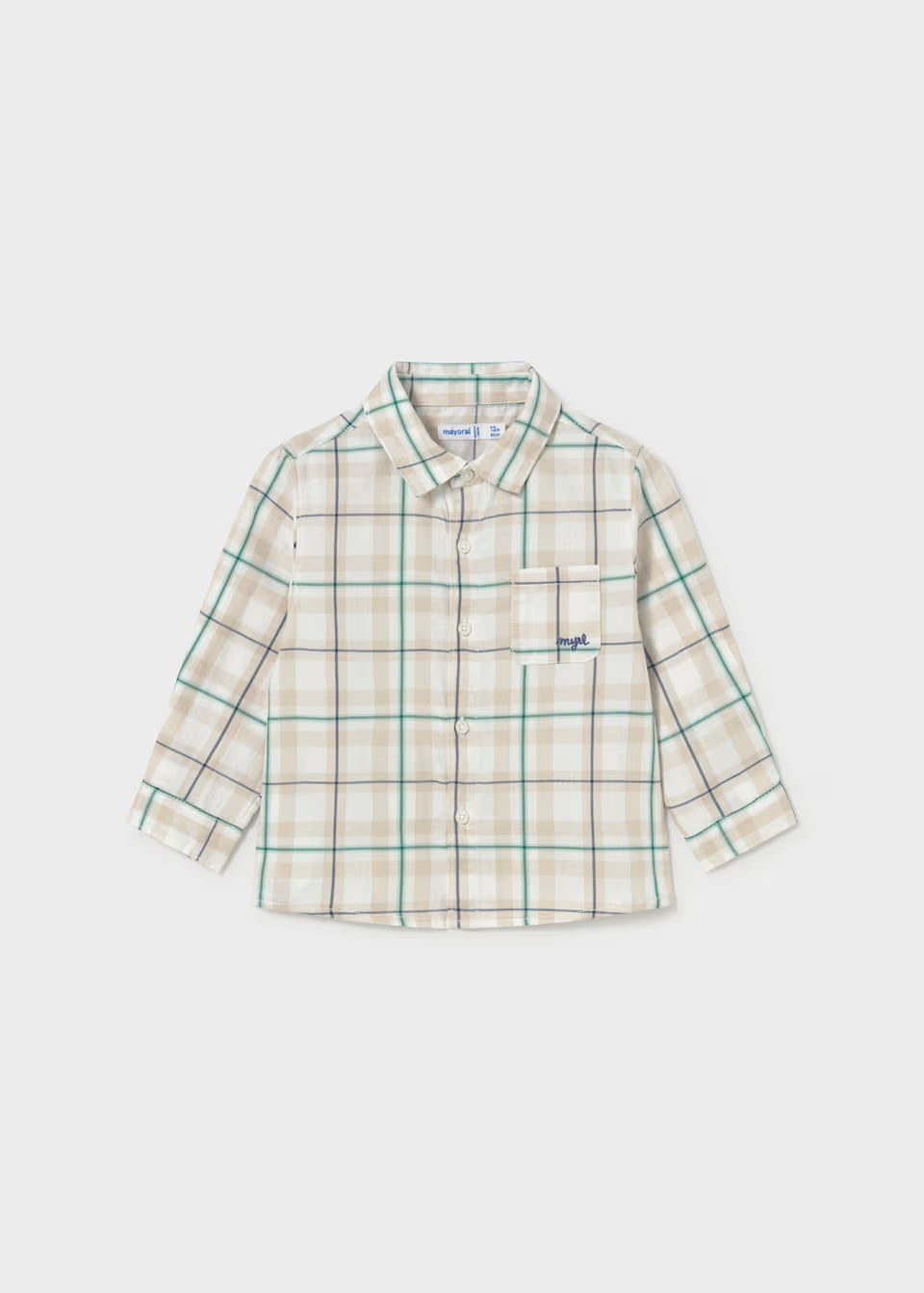 Long-sleeve button-up shirt with beige, blue, and green plaid pattern, left chest pocket, lightweight cotton. Available in sizes 2T-7.
