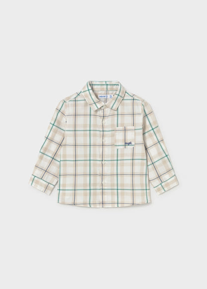 Long-sleeve button-up shirt with beige, blue, and green plaid pattern, left chest pocket, lightweight cotton. Available in sizes 2T-7.