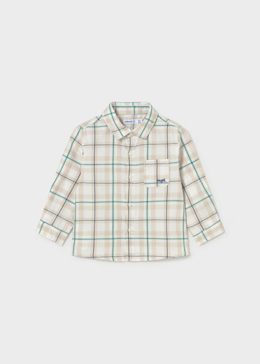 Long-sleeve button-up shirt with beige, blue, and green plaid pattern, left chest pocket, lightweight cotton. Available in sizes 2T-7.