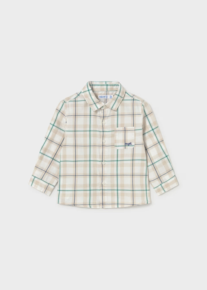 Long-sleeve button-up shirt with beige, blue, and green plaid pattern, left chest pocket, lightweight cotton. Available in sizes 2T-7.