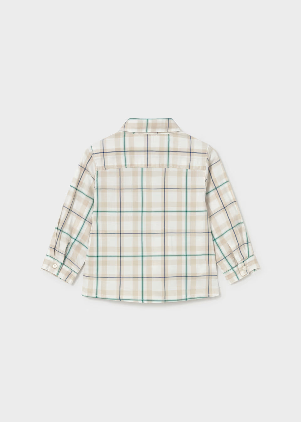 Beige, teal, and brown plaid button-up cotton shirt for little boys. Lightweight fabric for comfort. Available in sizes 2T–7.