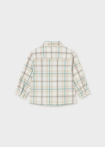Beige, teal, and brown plaid button-up cotton shirt for little boys. Lightweight fabric for comfort. Available in sizes 2T–7.