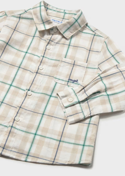 Little Boy Plaid Woven Cotton Shirt with beige, green, and blue plaid pattern, long sleeves, button-up front, chest pocket, and collar. Available in sizes 2T-5T.