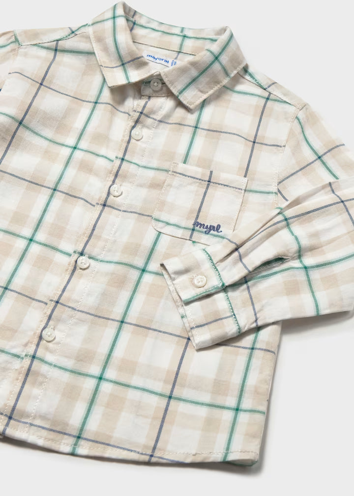 Little Boy Plaid Woven Cotton Shirt with beige, green, and blue plaid pattern, long sleeves, button-up front, chest pocket, and collar. Available in sizes 2T-5T.