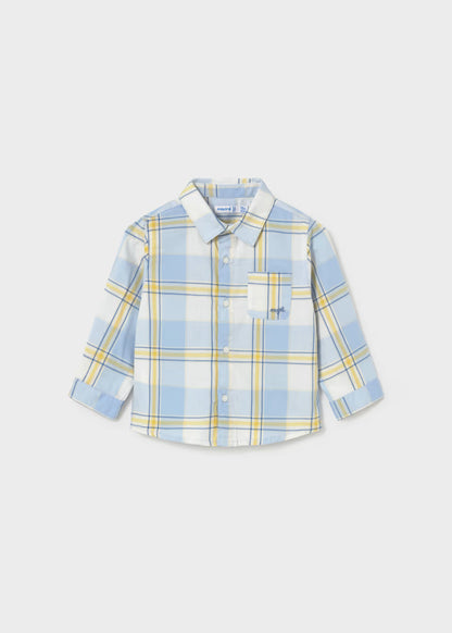 Long sleeve children’s button-up shirt in light blue, yellow, and white plaid with a chest pocket; lightweight cotton. Available in sizes 2T-7.