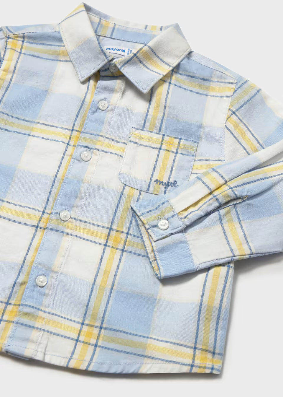 Blue, yellow, and white plaid long sleeve cotton shirt with chest pocket and “mayoral” label. Available in little boy sizes.