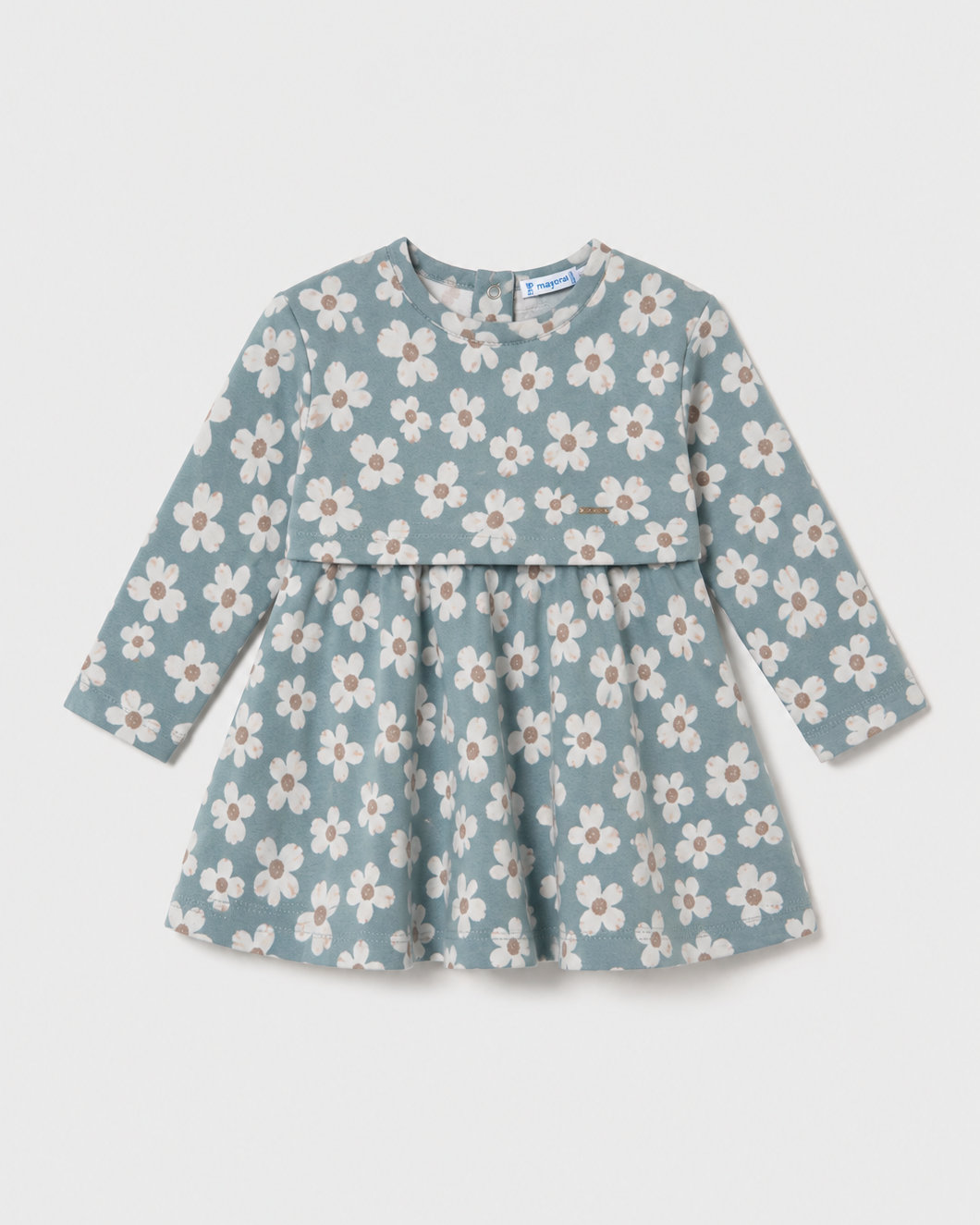 Blue jacquard dress with long sleeves, white daisy floral print, and flared skirt; available in children’s sizes.