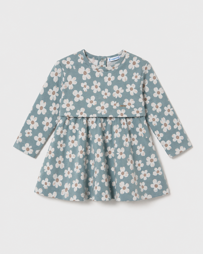 Blue jacquard dress with long sleeves, white daisy floral print, and flared skirt; available in children’s sizes.