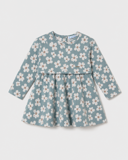 Blue jacquard dress with long sleeves, white daisy floral print, and flared skirt; available in children’s sizes.