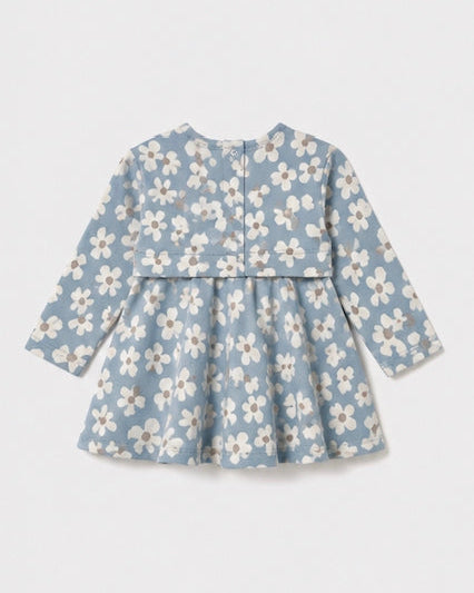 Little Girl Hummingbird Blue Printed Jacquard Dress with long sleeves, white floral pattern, fitted bodice, and flared skirt. Available in sizes 2T-6X.