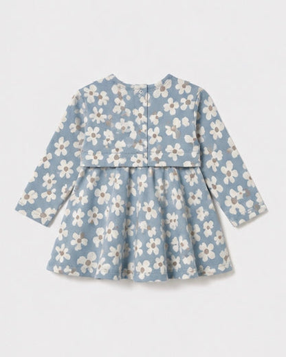Little Girl Hummingbird Blue Printed Jacquard Dress with long sleeves, white floral pattern, fitted bodice, and flared skirt. Available in sizes 2T-6X.