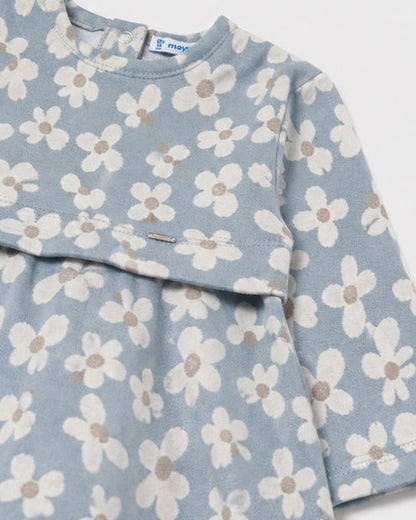 Light blue jacquard dress with long sleeves, white and beige daisy print, back button closure, and silver tag at front waist. Available in sizes 2T-6X.