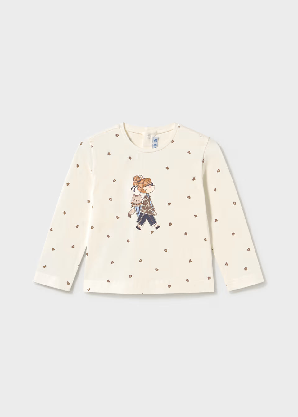 Little Girl Printed Long Sleeve T-Shirt with cream sleeves, brown heart patterns, glitter dot accents, and a central illustrated motif; available in sizes 2T-6.