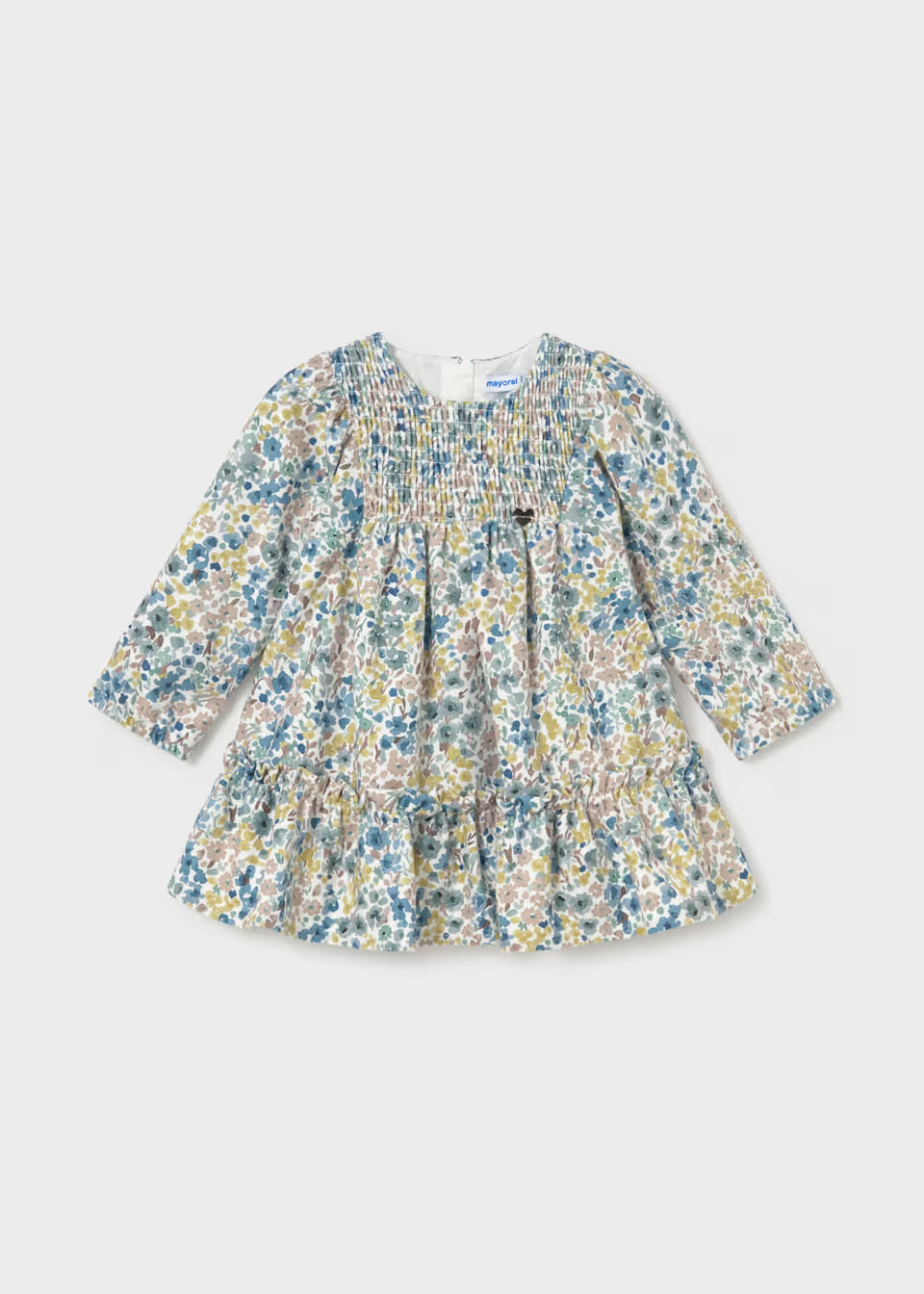 Baby Girl Floral Printed Velvet Dress with long sleeves, multicolored floral print, gathered bodice, ruffled skirt, round neckline, velvety soft fabric. Available in sizes 0-3M to 24M.