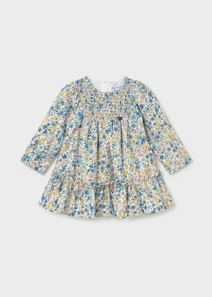 Baby Girl Floral Printed Velvet Dress with long sleeves, multicolored floral print, gathered bodice, ruffled skirt, round neckline, velvety soft fabric. Available in sizes 0-3M to 24M.