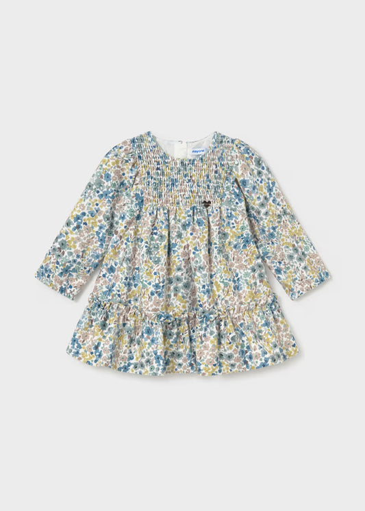 Baby Girl Floral Printed Velvet Dress with long sleeves, multicolored floral print, gathered bodice, ruffled skirt, round neckline, velvety soft fabric. Available in sizes 0-3M to 24M.