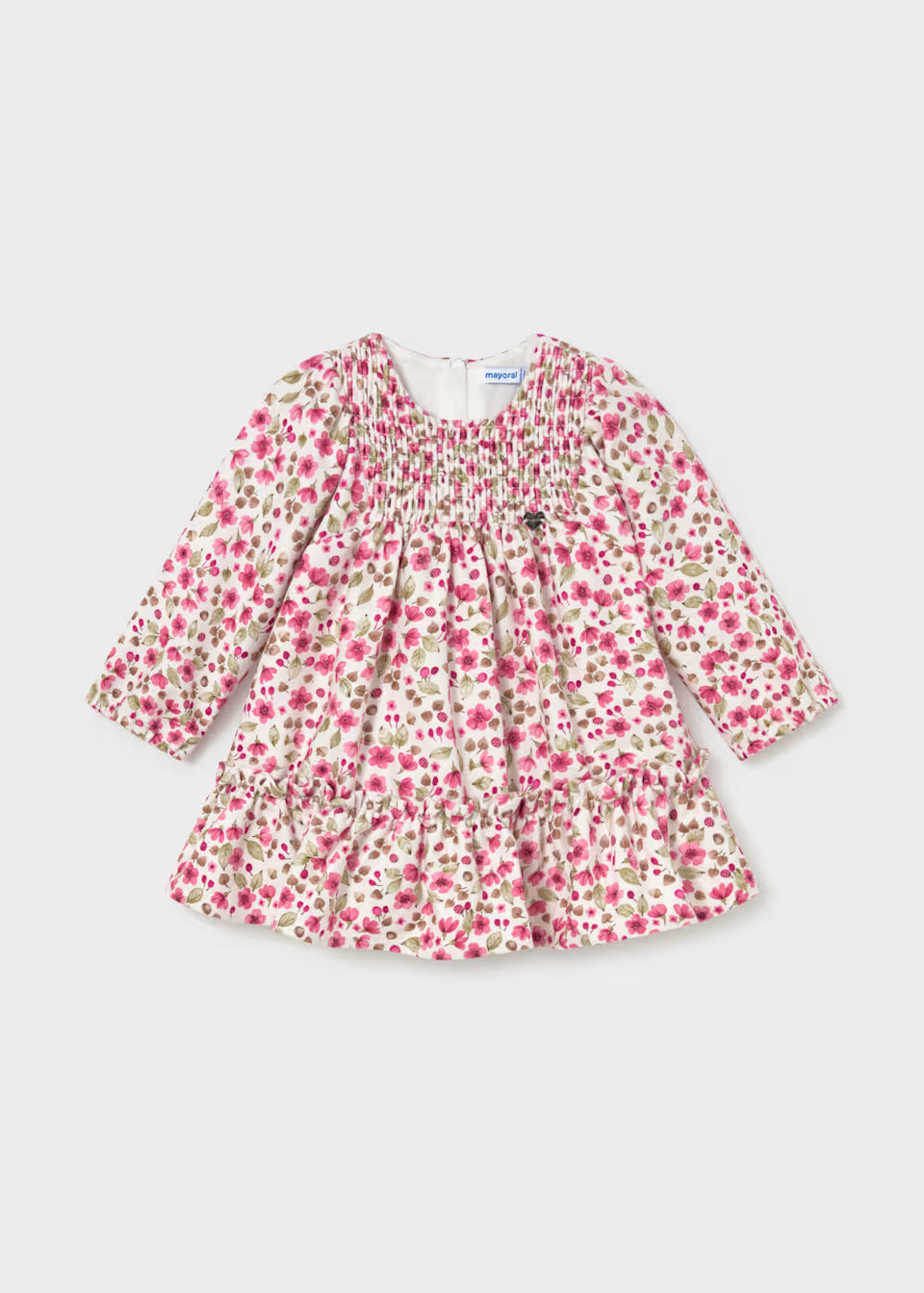 Baby Girl Floral Printed Velvet Dress with green leaves and pink flowers on white, long sleeves, smocked bodice, ruffled hem. Available in sizes 0-24 months.