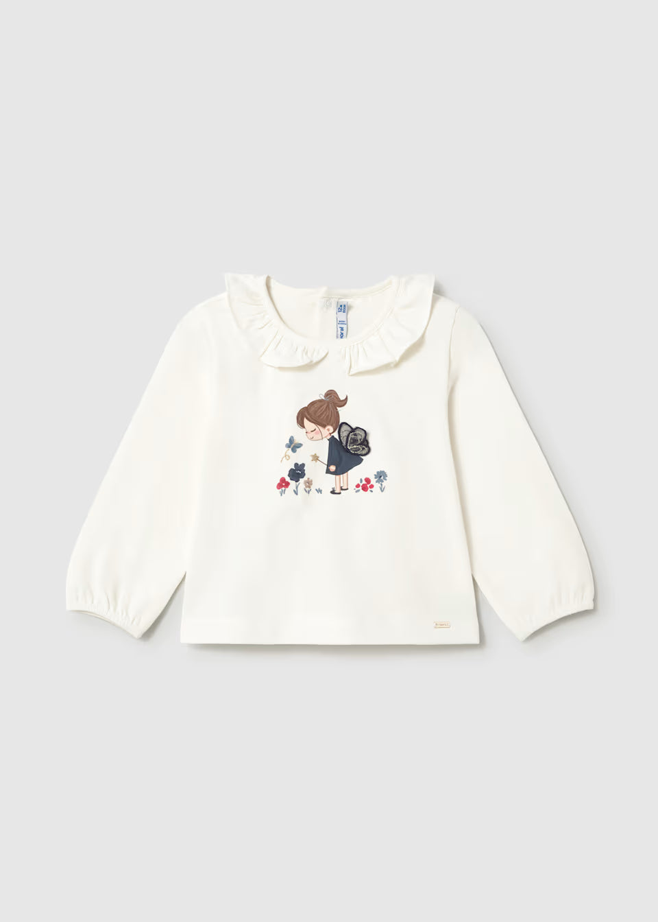 White toddler long sleeve shirt with ruffled Peter Pan collar and fairy print on front; available in multiple sizes.