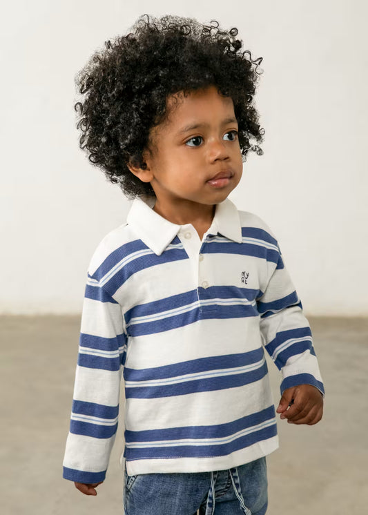 Little Boy Indigo Striped Long Sleeve Polo, features indigo stripes and button placket. Available in sizes 2T-7.
