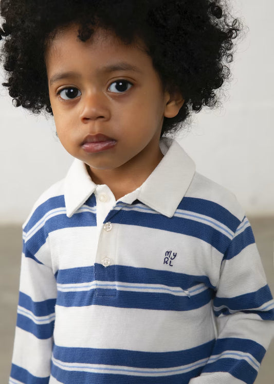 Little Boy Indigo Striped Long Sleeve Polo with indigo blue stripes and classic collar, available in sizes 2T-5T.