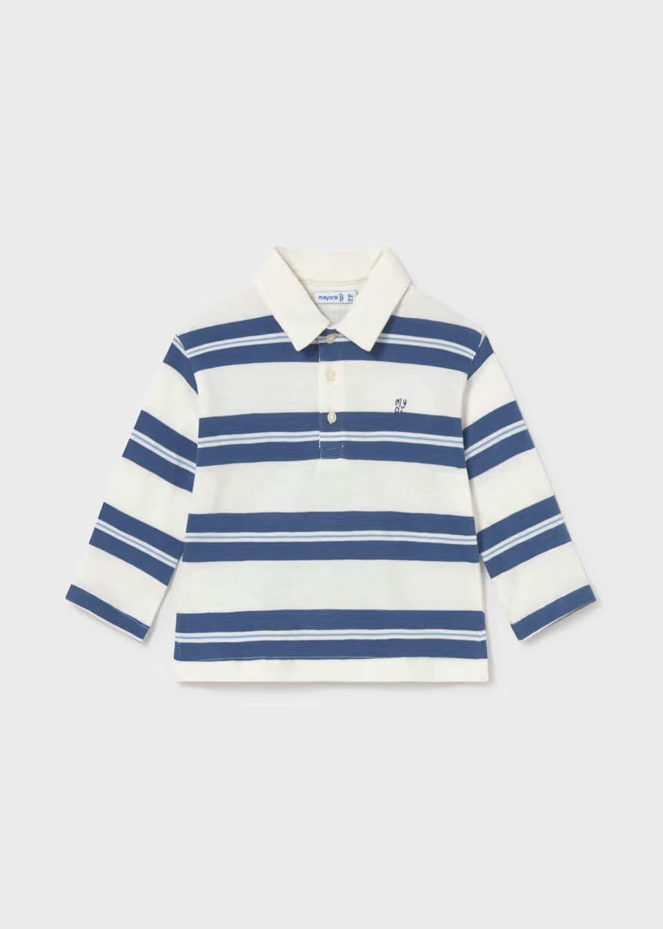 Cotton long sleeve polo with indigo blue stripes, white collar, three front buttons, and small embroidered logo on left chest. Available in sizes XS to XL.